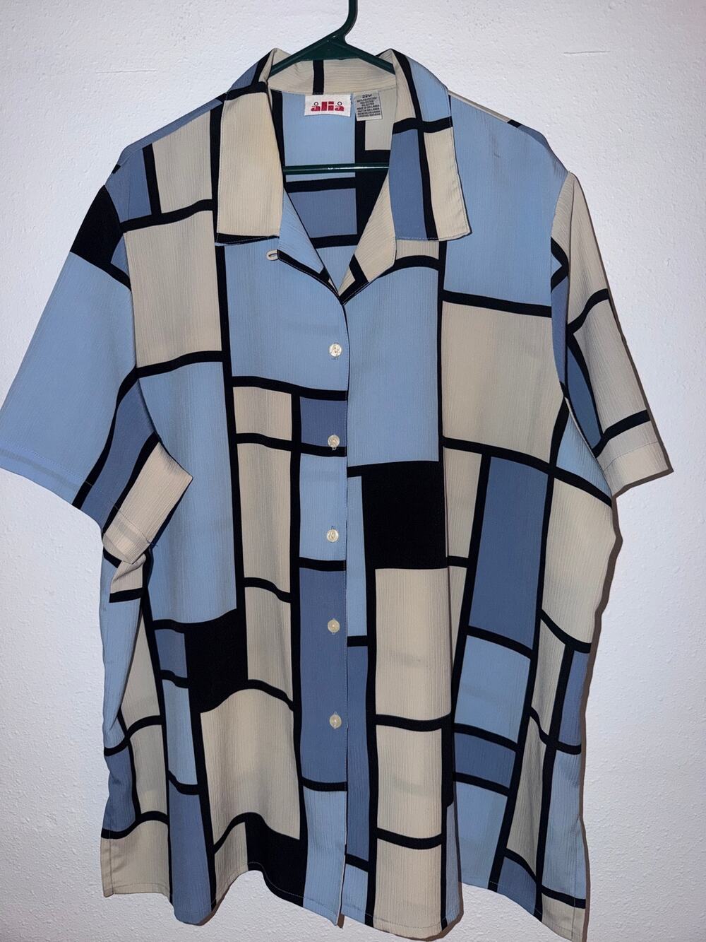 Vintage Alia Blue Gray Geometric Retro Abstract Print Button-Up Artsy Sz 22W